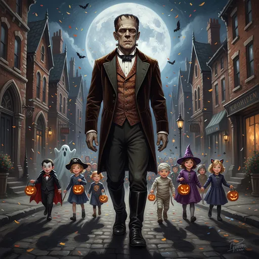 Prompt: Frontal view of Frankenstein walking down a old Victory street with old Victorian  buildings on each side towards the camera dressed in Victorian age clothes, behind him is a group of various children dressed in Halloween costumes.
Children are also walking towards the camera.
This is a Halloween themed image at night lit by moonlight and in an fantasy artwork style, Time period late 1800's.
