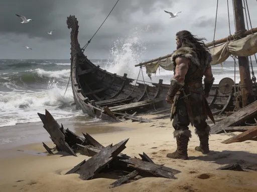 Prompt: A rugged male barbarian warrior @ugly stands on the sandy shoreline, surveying the remnants of a weathered Viking ship that has been cast ashore. The warrior, with a muscular build and long, flowing hair, is clad in furs and leather armor, his expression a mix of curiosity and determination. Jagged pieces of the ship's hull and tattered sails litter the beach, partially buried in the sand. The waves crash rhythmically in the background, sending sprays of salty water into the air. The sky is overcast, casting a muted light over the scene, enhancing the somber atmosphere as seagulls circle overhead, adding to the sense of desolation.
