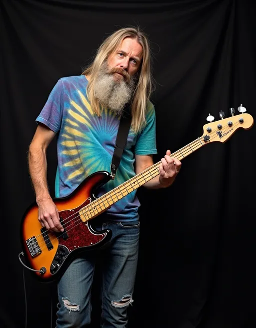 Prompt: Bass player in a rock and roll band, male, long blond hair and wild looking beard, middle age, head tilted back slightly as if he spacing out to the music, full body portrait, causally dressed in tie dye t-shirt and jeans with holes, SPLIT lighting 