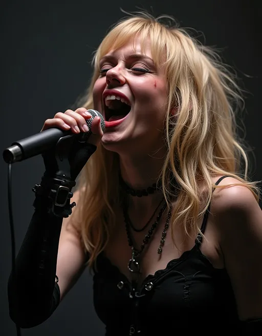 Prompt: Girl singer in a band, wild blond hair, gothic clothing, head tilted back screaming into a hand held microphone, show signs of sweating on her face, sharp focus, back lit