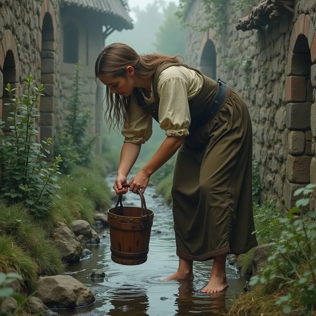 Prompt: A peasant  woman barefooted bending down dipping a wooden bucket into a stream which runs between castle walls, water is above girls ankle. Time period of the image and clothing is 1500,s, Dirk Crabeth, gothic art, promotional image, a detailed matte painting, do not have hands distorted or poorly drawn, realistic, both hands gripping bucket handle