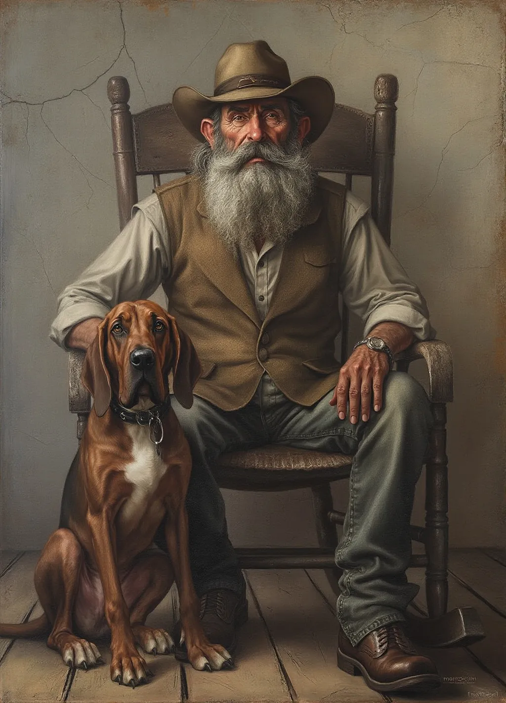 Prompt: An elderly  hillbilly with a long bushy grey beard and  hat sitting in a rocking chair posing with his old hound dog sitting by his feet, realistic character concept, a character portrait, floor texture is of wide old plank flooring, background wall texture is of old cracked plaster