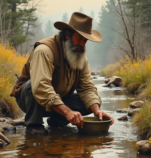 Prompt: a man with a long bushy gray beard wearing a hat kneeling in a small stream prospecting for gold with a old steel pan. Time period is the 1840s, early American west painting