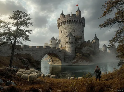 Prompt: Medieval stone tower surrounded by a moat with  a stone arch bridge leading to it, show sheep in the foreground, a medieval shepherd watching the sheep, realistic render, good detail, chiaroscuro lighting. Image scene takes place in the 1400,s 