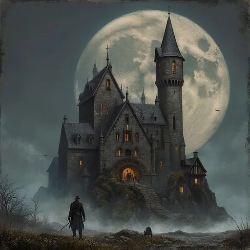 Prompt: a creepy castle with a full moon in the background and a man standing in front of it in the foreground, Eddie Mendoza, gothic art, neo-gothic, a matte painting