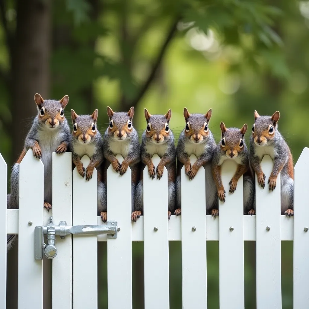Prompt: Photograph, looking straight on at a white picket fence with a gate with  lots of gray squirrels  sitting on top looking towards the camera.35 mm focus, photo realistic, detail