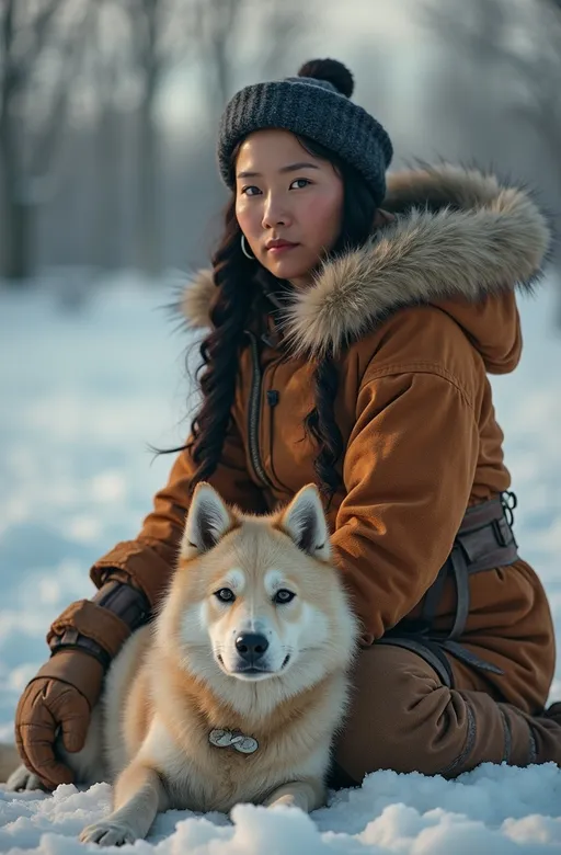 Prompt: full body portrait of a (proud Eskimo woman) wearing traditional clothing, (serious expression), rounded face shape, realistic Eskimo skin texture, 1930s time period, an (Eskimo dog) calmly laying by her feet, (soft winter lighting), showcasing deep emotional warmth, (detailed textures), beautifully captured in high-quality (4K) resolution.