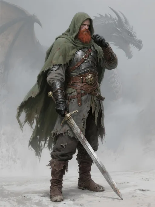Prompt: This is a highly detailed digital artwork depicting a rugged, medieval-style warrior standing in a neutral, grayish background with a textured, worn appearance. The warrior, a red bearded man with a stern expression, stands confidently with his right hand gripping a long, double-edged sword that rests on the ground. He is dressed in a tattered faded green hooded cloak that billows slightly to his left, revealing a layer of weathered, grayish-brown armor underneath. The armor is heavily detailed, with visible leather straps and metal plates, and is adorned with a large, ornate buckle at the chest. His pants are similarly worn and tattered, with frayed edges and a brown leather belt with a large, decorative buckle. He wears dark brown, sturdy boots that are also worn and scuffed. His left hand is gloved in black leather, and he holds the cloak's hood up with his left hand. The background is a muted gray with subtle texture, adding to the overall grim and weathered atmosphere of the image. The artist's style is realistic with a focus on detailed textures and worn, medieval aesthetics. The overall mood is one of resilience and strength, evoking a sense of medieval fantasy. Show dragon head in the background coming out of the fog