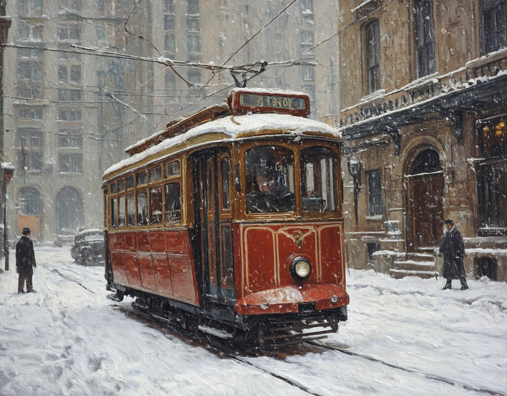 Prompt: Painting of a  trolley car with a man standing by the side of it in the snow in front of a city building set in Philadelphia 1930's, fine detail, masterpiece