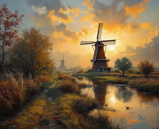 Prompt: Renaissance  oil painting with Dramatic lighting of a Dutch windmill mid day in the countryside on the banks of some wetlands, slightly texture brush strokes, soft shadows