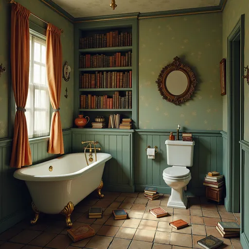 Prompt: a bathroom with a tub, toilet and book shelves in it's corner, and a toilet in the corner, Edward Gorey, hyper realistic, surrealism, a digital art painting, add a lot of books laying around on the floor