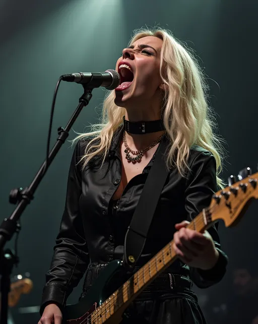 Prompt: Girl singer in a band, wild blond hair, gothic clothing, head tilted back screaming into a hand held microphone, show signs of sweating on her face, sharp focus