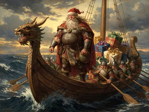 Prompt: Frontal camera view of Santa Claus standing in the bow of a Viking longship filled with wrapped presents and being rowed by short Viking clad dwarfs. Santa is a stout fairly overweight Viking dressed in a red cloak, white bushy beard wearing a tattered red Santa hat, natural lighting, Renaissance style  
digital painting, bright dramatic lighting