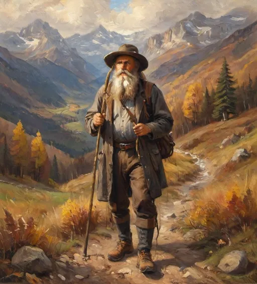 Prompt: a man with a long beard and a long beard holding a stick in his hand and wearing a hat, man is hiking in the mountains during the fall
