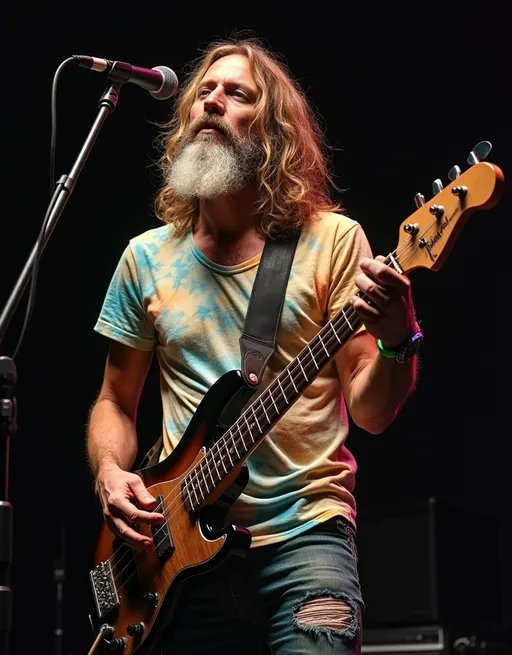 Prompt: Bass player in a rock and roll band, male, long blond hair and wild looking beard, middle age, head tilted back slightly as if he spacing out to the music, full body portrait, causally dressed in tie dye t-shirt and jeans with holes, SPLIT lighting 