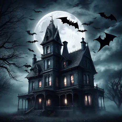 Prompt: (gothic art) creepy house, detailed matte painting, bats flying, full moon, dark sky, eerie atmosphere, haunting shadows, mysterious vibes, intricate architectural details, high contrast lighting, brooding scene, lifelike textures, dramatic night, atmospheric, high-quality 4K, captivating ghostly allure.