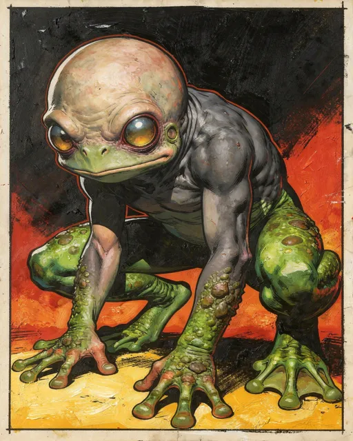 Prompt: graphic novel painting of a mutant that the body torso, head and arms are human but has big frog legs and feet, mutant head is roundish, quite ugly with big eyes, torso skin, arm and hand color is grayish with legs of rough texture frog skin, full body portrait in crouching comic book stance.
