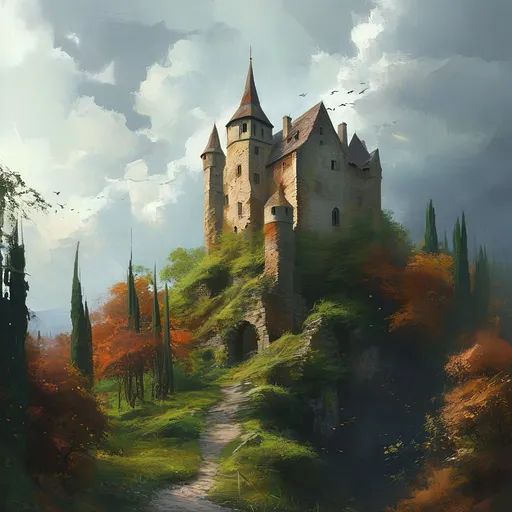 Prompt: (old stone castle on a hill), surrounded by lush trees, (sharp details), (surreal atmosphere), digital painting, rich textures, moody lighting, ethereal ambiance, mystical colors, enchanting backdrop, vibrant greens and earthy browns, cloud-laden sky above, hint of twilight, captivating scene, high quality, (ultra-detailed), imaginative and dreamlike essence.