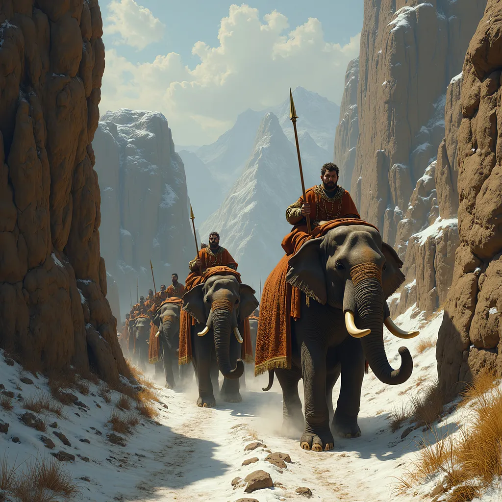 Prompt: Hannibal's Baraca army with huge African Savanna War Elephants traveling down a narrow mountain footpath in the winter, steep drop offs on one side, rising cliffs on the other side. Time period of the image is 181 BC, Elephants have howdahs mounted on them with warriors sitting in the saddle, historically accurate, have people and elephants realistically portioned in size, this is a winter scene, Renaissance painting, Chiaroscuro lighting