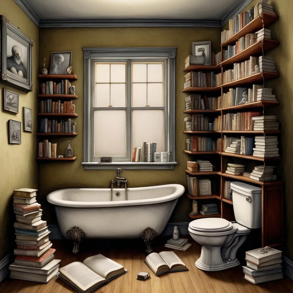 Prompt: a bathroom with a tub, toilet and book shelves in it's corner, and a toilet in the corner, Edward Gorey, hyper realistic, surrealism, a digital art painting, add a lot of books laying around on the floor