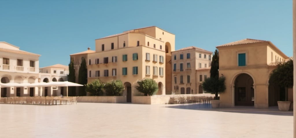 Prompt: eye level shot of a corner of a  wide empty Mediterranean piazza on a scorching hot summer day, no trees and in the sun no shadows, rendered cgi style, 16:9 landscape view, leica  