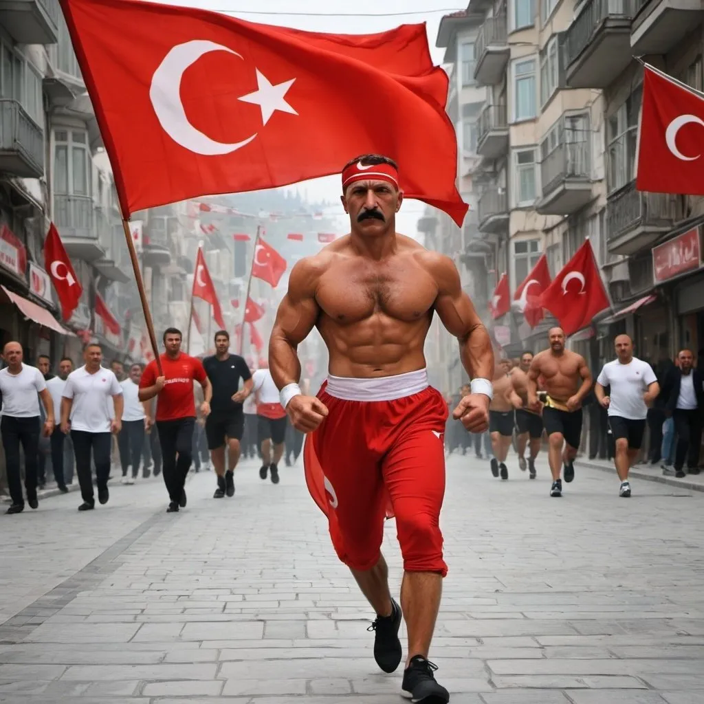 Prompt: make  for me in Turkey with his run and let him be behind him Istanbul,costume ist turkey,Let the costume be like the flag of turkey do him stronger like a boxer or bodybuilder do the all people like a time and there are strong like ottoman empire