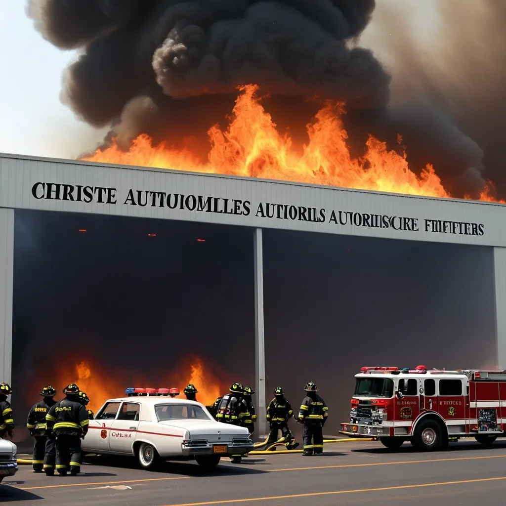 Prompt: a photo of a car manufacturing factory  on fire with a sign reading, "Christie Automobiles" and firefighters