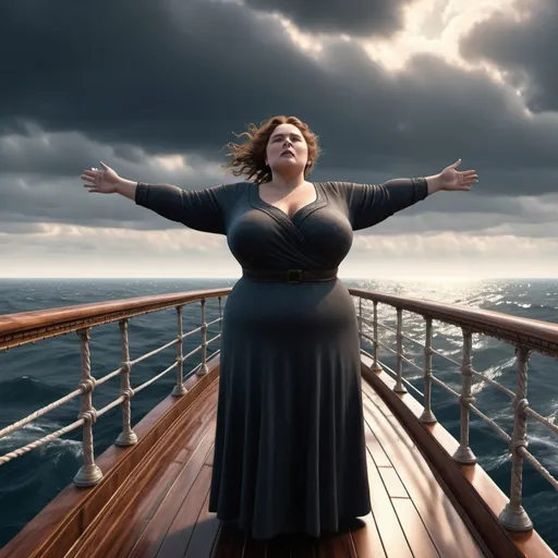 Prompt: A 3D render of a plus-sized woman standing on the bow of the Titanic, with her arms wide open, embracing the wind and the open ocean, dark color scheme, photorealistic, realism style, ship’s railings, vast ocean in the background, cinematic masterpiece, dramatic lighting, detailed textures, high depth, ultra-detailed, 4K.