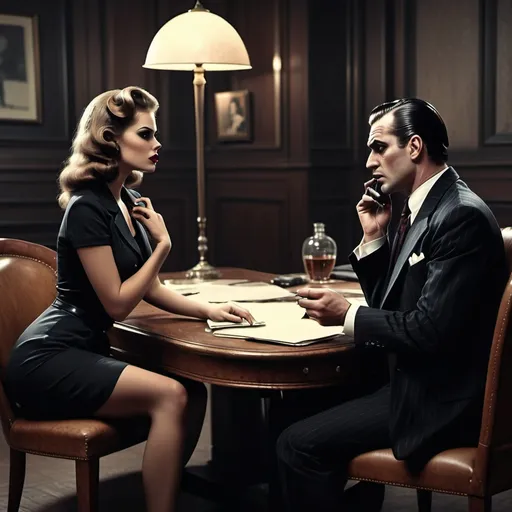 Prompt: Vintage dark office mafia man talking to a gorgeous woman sit