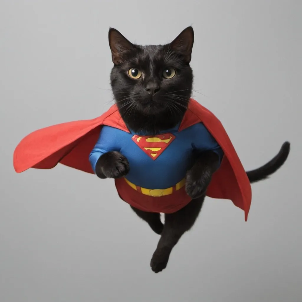 Prompt: A black cat is flying in a superman costume
