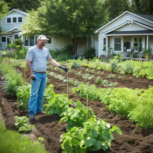 Prompt: the average adult homeowner as the future farmer creating a food forest in their yard.
