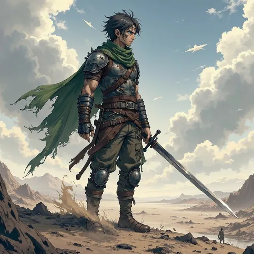 Prompt:  @iIsPAX8Gu5KIQ5voERWj holding his sword looking over a wasteland landscape