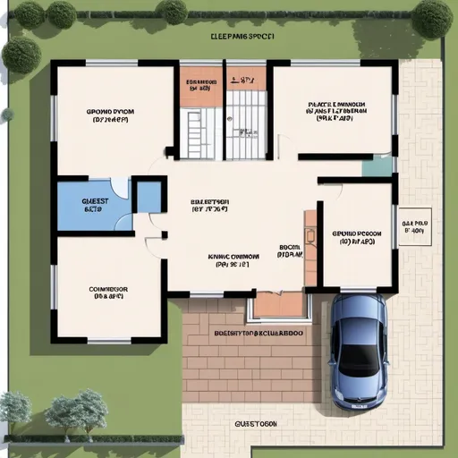 Prompt: A square plot offers symmetrical design possibilities, ensuring balanced space utilization.

Ground Floor Plan:

Entrance Porch & Car Parking (14x10 ft)
Living Room (14x12 ft)
Dining Area (12x10 ft)
Kitchen with Utility (12x10 ft)
Common Washroom (5x7 ft)
Guest Bedroom (12x10 ft)
Staircase (U or L shape)
First Floor Plan:

Master Bedroom with Balcony & Attached Bath (14x12 ft)
Second Bedroom with Attached Bath (12x10 ft)
Family Lounge (12x10 ft)
Small Open Terrace / Balcony