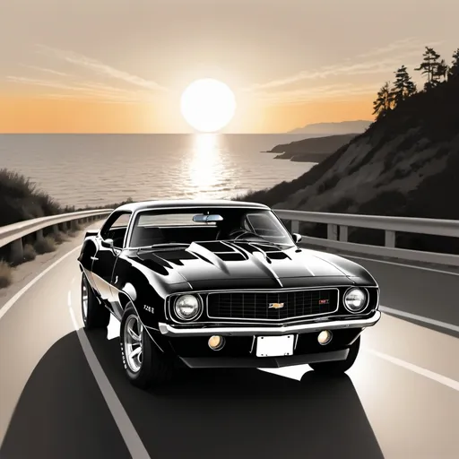 Prompt: vector image of muscle car CAMARO 1969 Z28  cruising along a coastal highway, with the warm of the setting sun   Infuse the design with a sense of adventure and nostalgia, capturing the essence of freedom and exploration on the open road, silhouette black and white, white background
