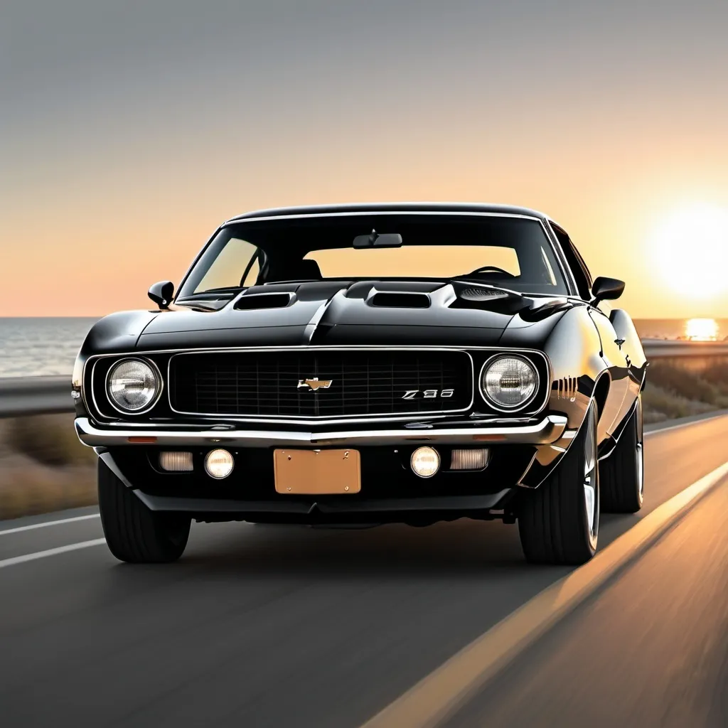 Prompt: vector image of muscle car CAMARO 1969 Z28  cruising along a coastal highway, with the warm of the setting sun   Infuse the design with a sense of adventure and nostalgia, capturing the essence of freedom and exploration on the open road, silhouette black and white, white background
