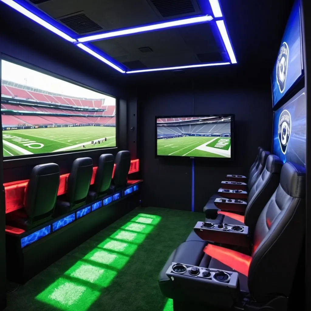 Prompt: Video game truck with stadium seating inside. Have the inside look more like a stadium.