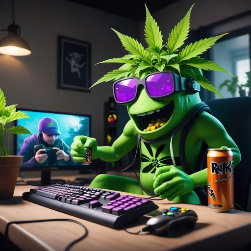 Prompt: a weed plant enjoying himself playing video games on his PC with his snacks and energy drinks