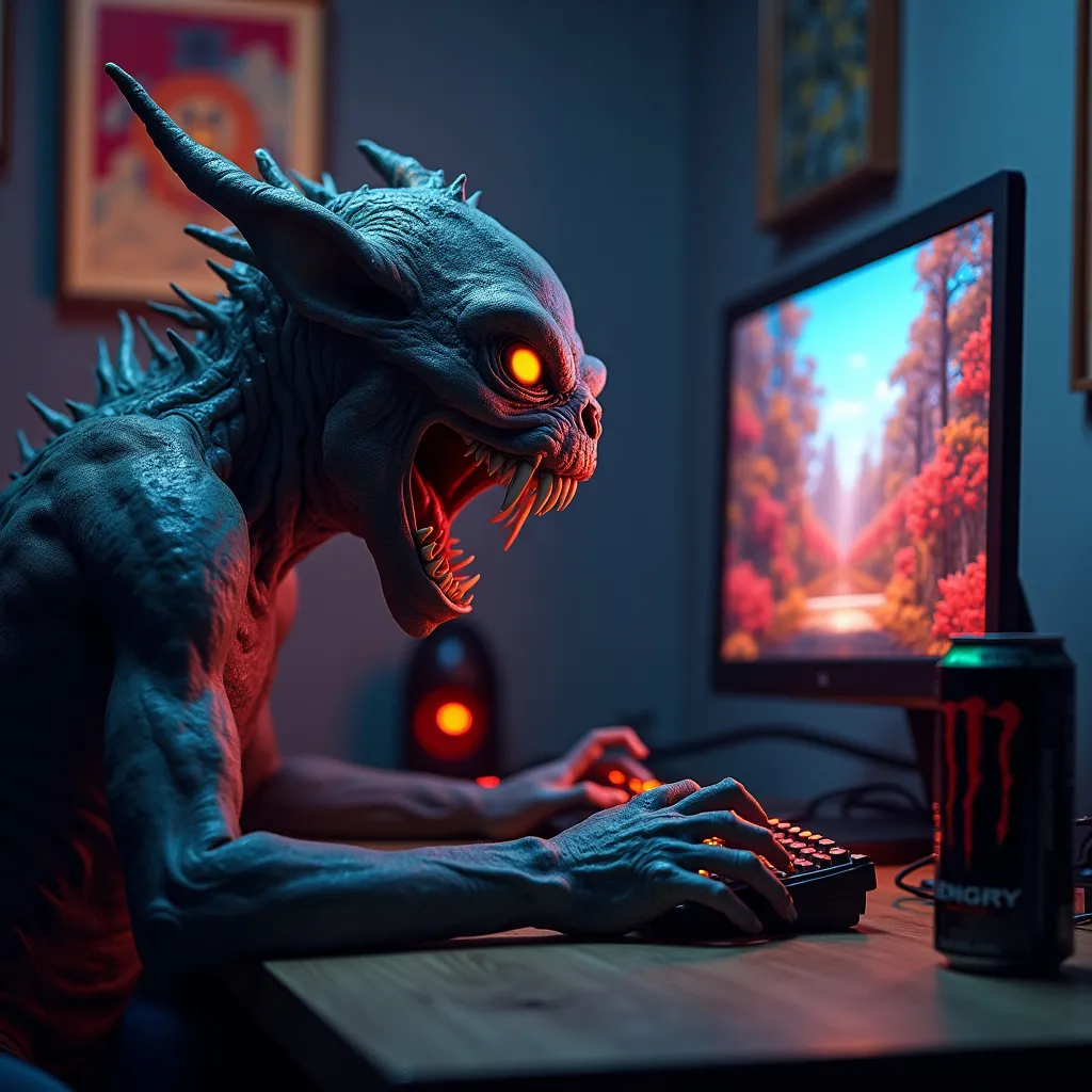 Prompt: a scary mutant playing video games on his PC with his snacks and energy drinks