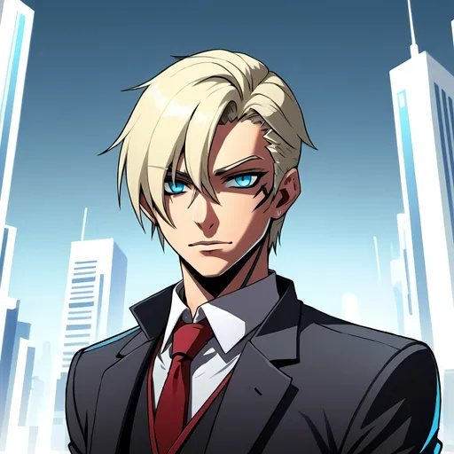 Prompt: Short hair, more like male version,Anime style male avatar, detailed eyes, cool-toned cybernetic enhancements, futuristic urban background, high-tech clothing, dynamic pose, detailed hair, intense and focused gaze, high quality, anime, cyberpunk, cool tones, futuristic, detailed features, professional, atmospheric lighting, is wearing suit, no hairbend.