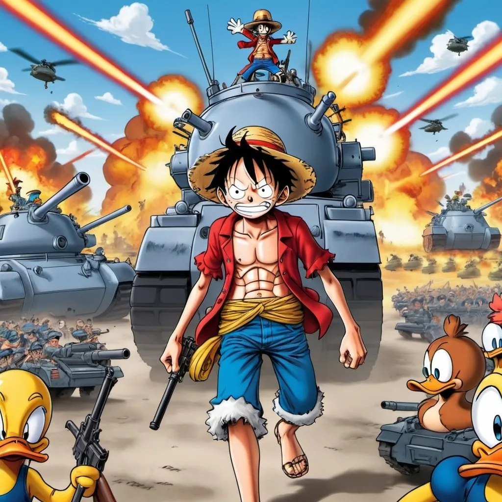 Prompt: Luffy from one piece leading an American army with laser tanks against Donald Duck's army of Donald Trump's with machine guns