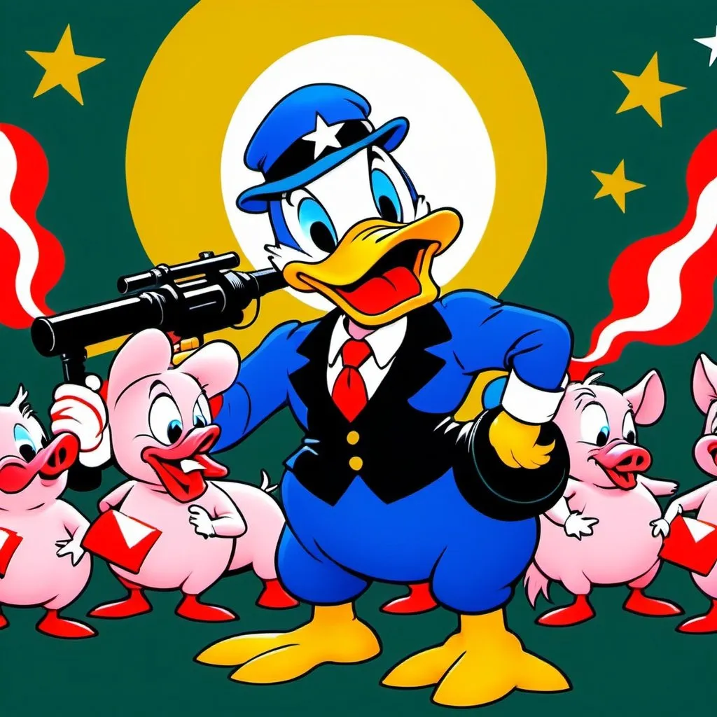 Prompt: Donald duck with an army of little pigs with bazooka's fighting Trumps army of rabid Joe Biden's 