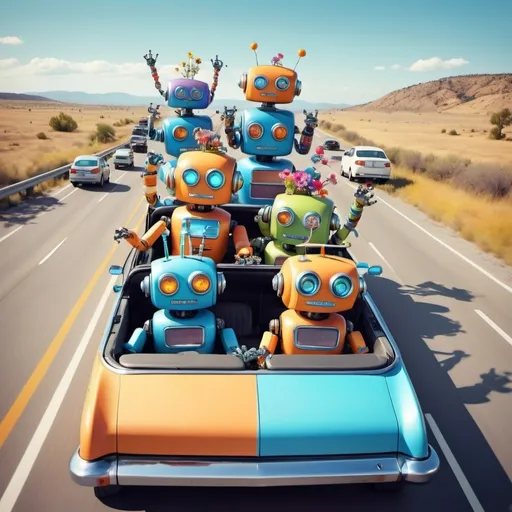 Prompt: bunch of hippie robots going on a road trip in a bright convertible down the highway having fun