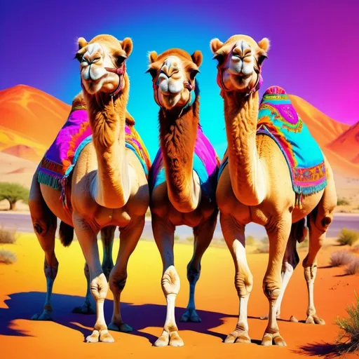 Prompt: two hippie camels pushing another camel over a bright hill surrounded by neon colors
