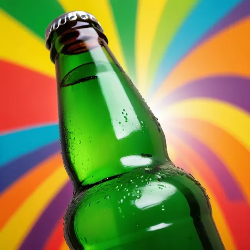 Prompt: green bottle of beer with a smile on it cheering to happy hour surrounded by vivid colors

