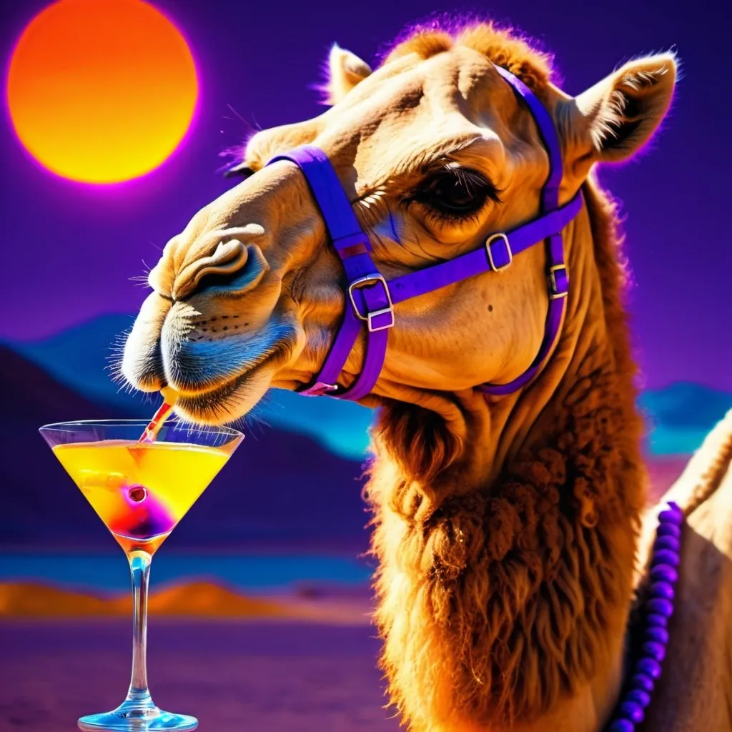 Prompt: bright neon camel drinking a martini under the sun surrounded by glowing colors of purple

