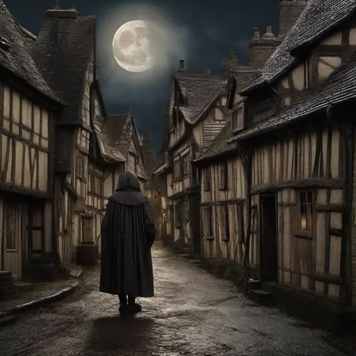 Prompt: Elizabethan muddy, narrow street, full moon, wooden houses, a hooded figure. photographic realism, 85mm lens