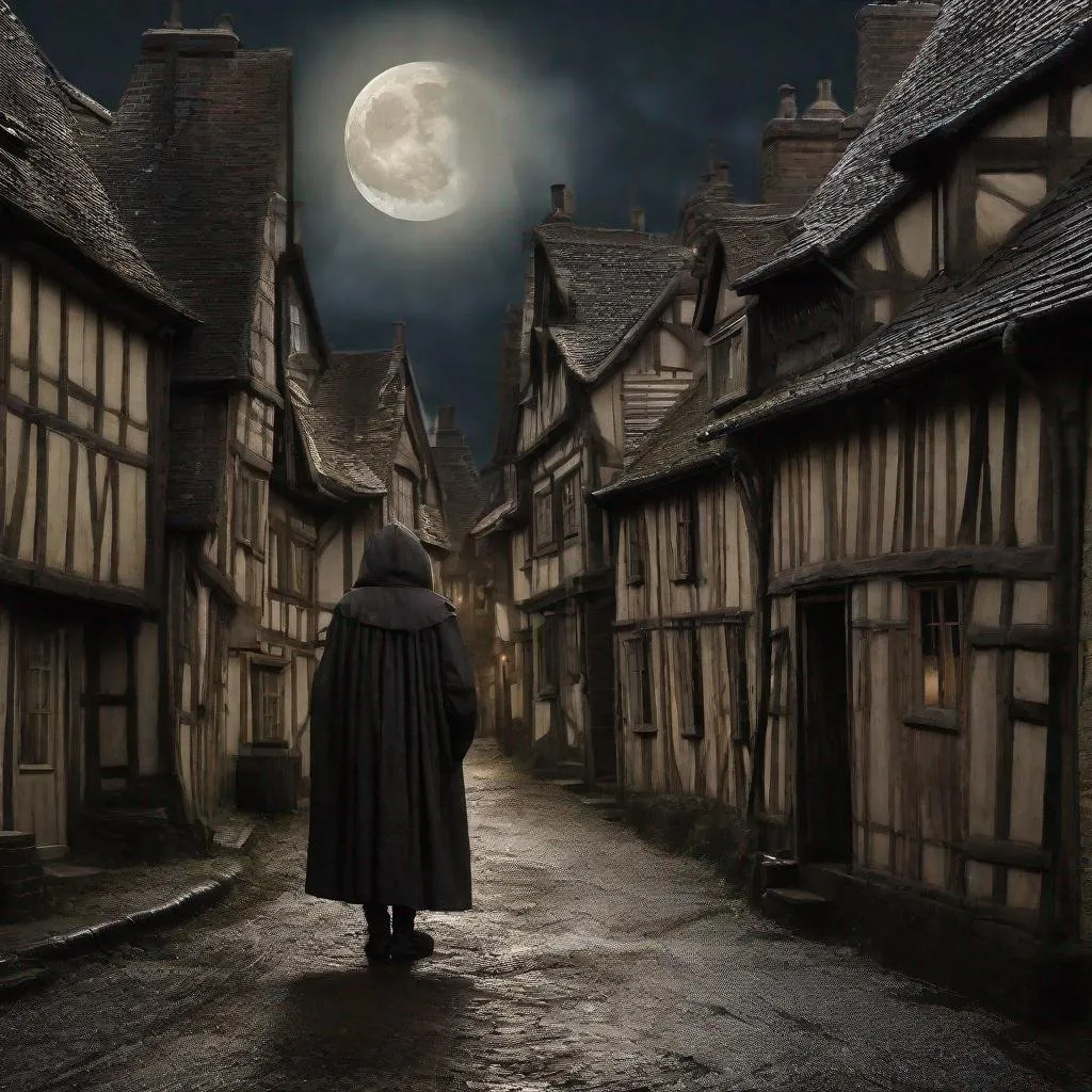 Prompt: Elizabethan muddy, narrow street, full moon, wooden houses, a hooded figure. photographic realism, 85mm lens