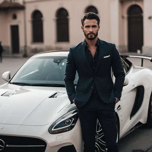 Prompt: An Handsome Man ,the man is standing beside a Nice Car 