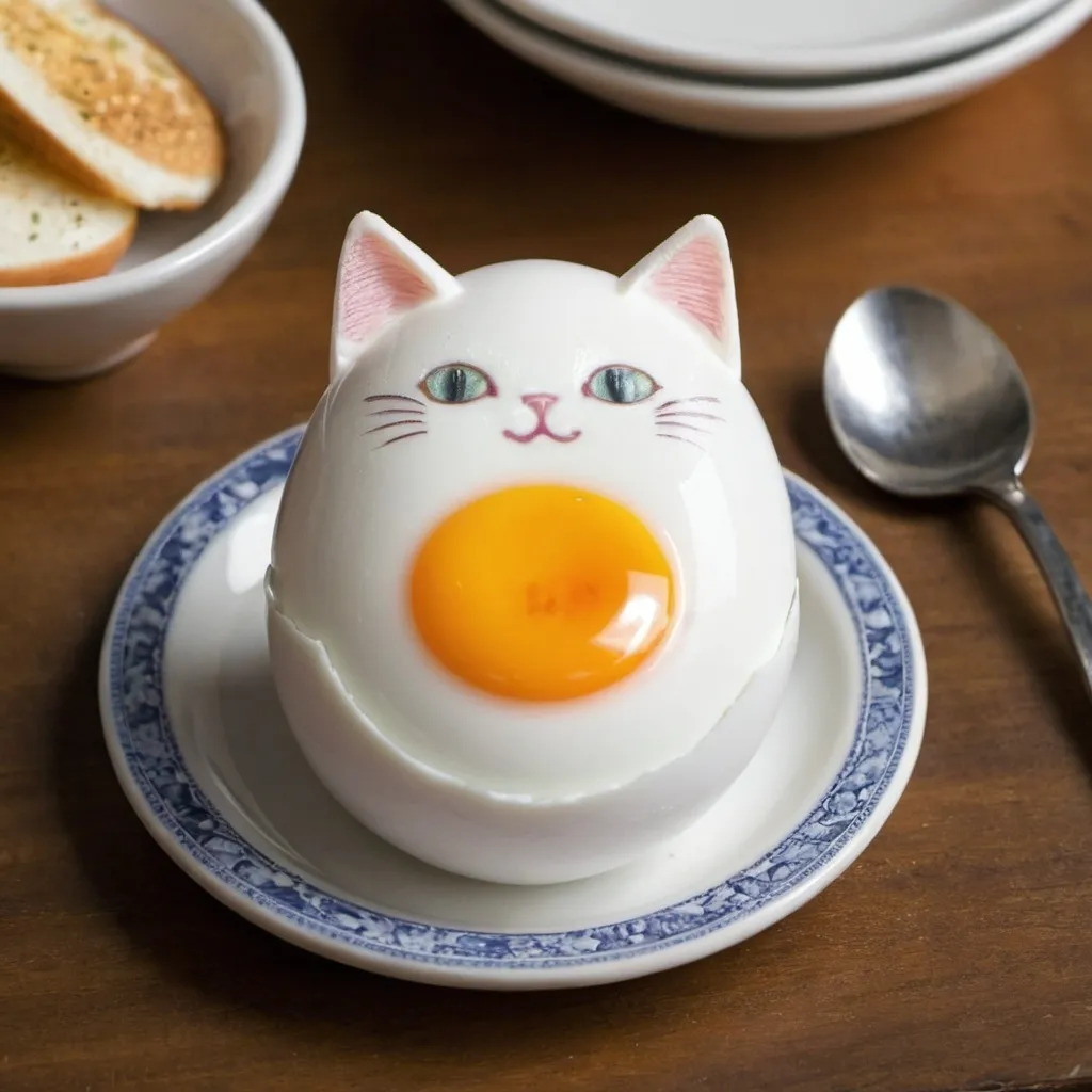 Prompt: An egg cat sitting on a table as a dish