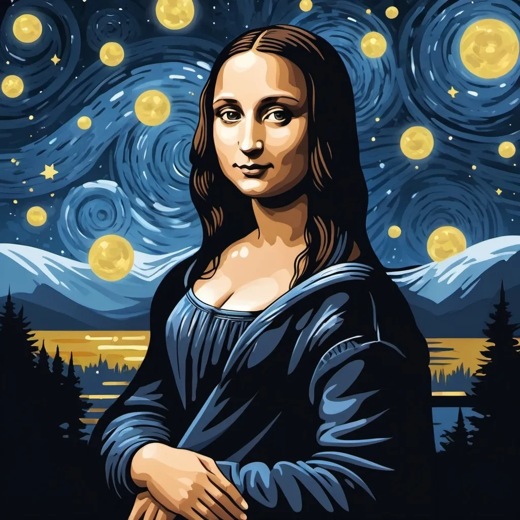 Prompt: 
Create a draft illustration in Adobe Illustrator that combines elements of Mona Lisa with “The Starry Night” painting. Follow these steps: